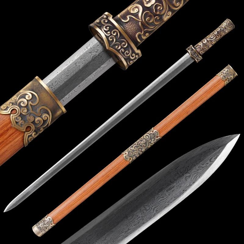 Medieval Staff Sword Folded Steel Damascus Blade Ready Training Real Full Tang Metal Samurai Swords Copper Cloud Kongfu Katanas