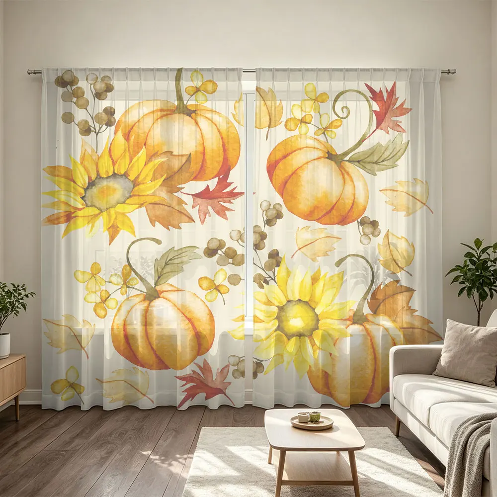 rod-mounted curtains, packaged 2pcs 90g, featuring watercolor designs of pumpkins, sunflowers,ideal for home decoration