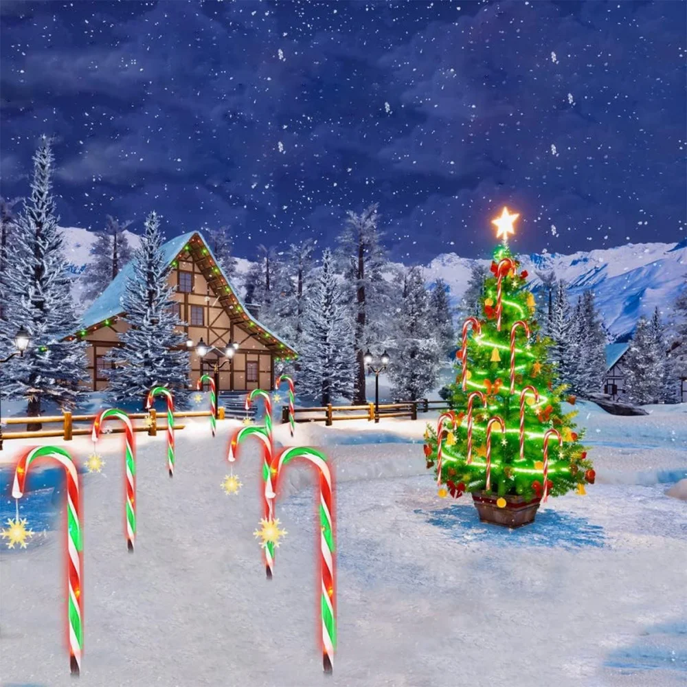 5/8PCS Colorful Solar Candy Cane Stake Lights LED Christmas Snowflake Cane Lights Outdoor Lawn Pathway Lamp for Yard Party Decor