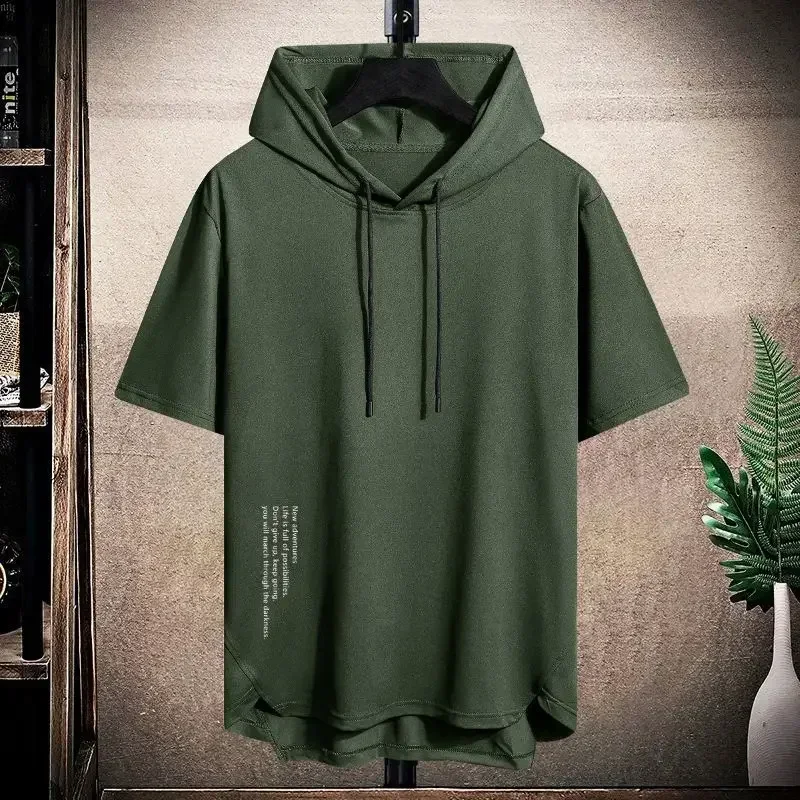 2026 Men's Summer Hoodies T-shirts Short Sleeve Solid Color Loose Hooded Drawstring Pullover Tops Basic Tees for Daily Wear Male