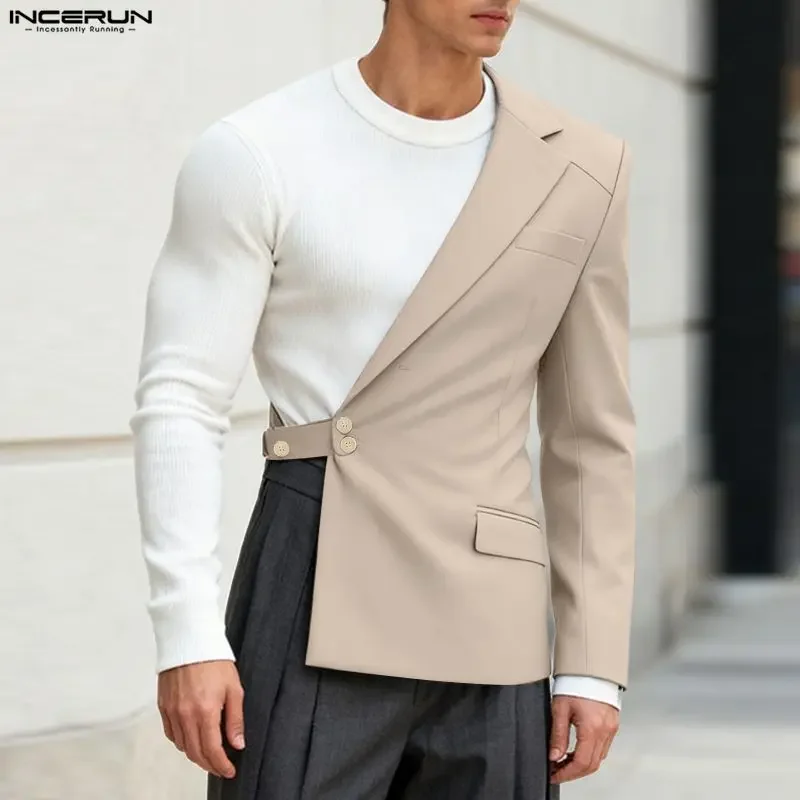 INCERUN Men Irregular Blazer Solid Color Lapel Long Sleeve Casual Male Suit Streetwear Loose Personality Fashion Thin Coats Men