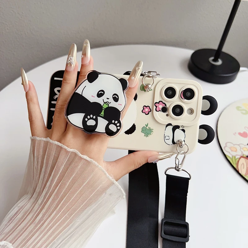 For Xiaomi Redmi 9 10 10A 12 13 10C 12C 13C 14C Note 8 9 9s 10 11 12 13 14 Pro Panda Case With Holder Rope