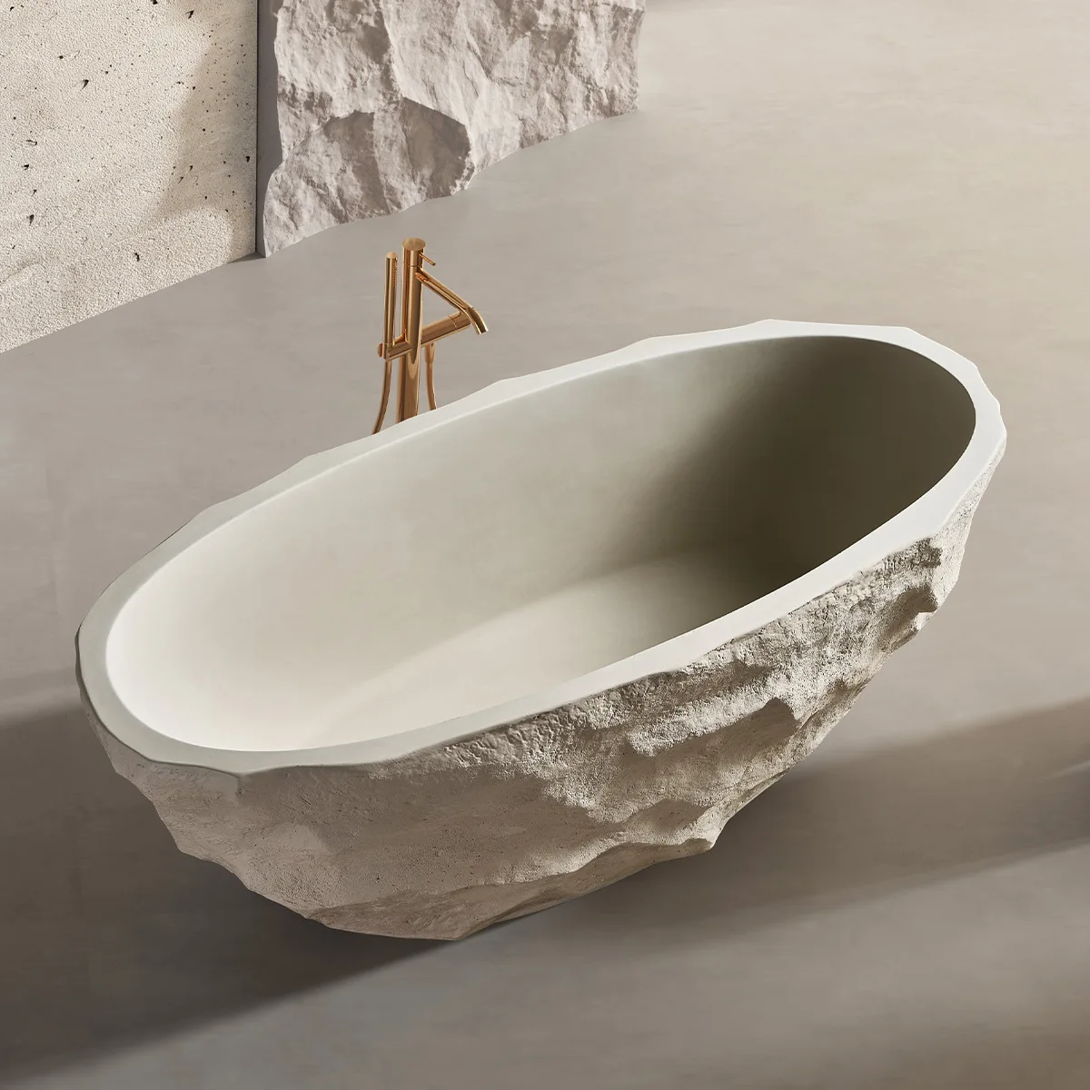Japanese Freestanding Bathtub, Integrated Natural Travertine Grain Bathtub for B&Bs, Hotels and Villas, Double-person Tub RS031B