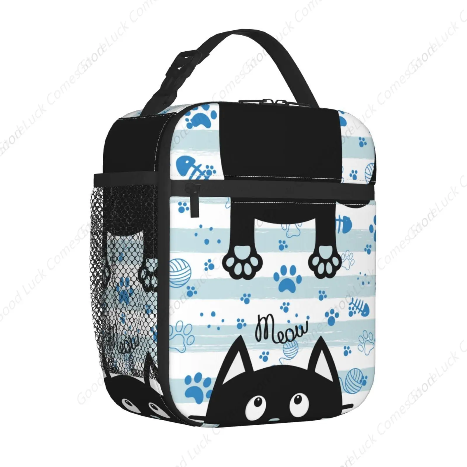 Black Cat Lunch Box for Kids Boys Girls, Blue and White Striped Cat Paws Insulated Lunch Bag for Women Men, Leakproof Durable