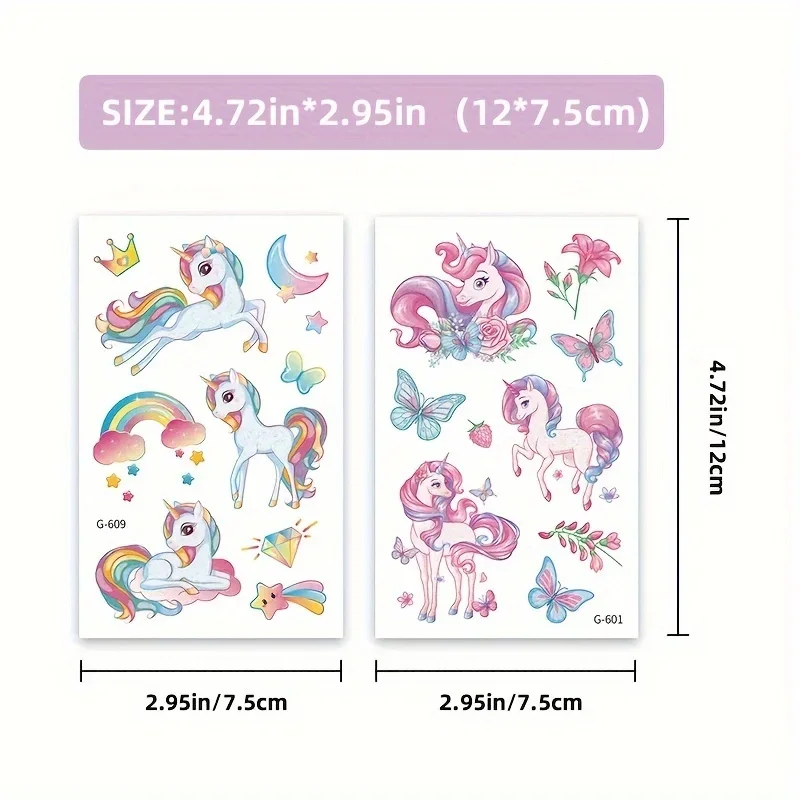 12 Blatt, Geburtstagsgeschenke, Regenbogen-Einhorn, Party-Dekoration, Zubehör, glitzernde Einhorn-temporäre Tattoos für Mädchen