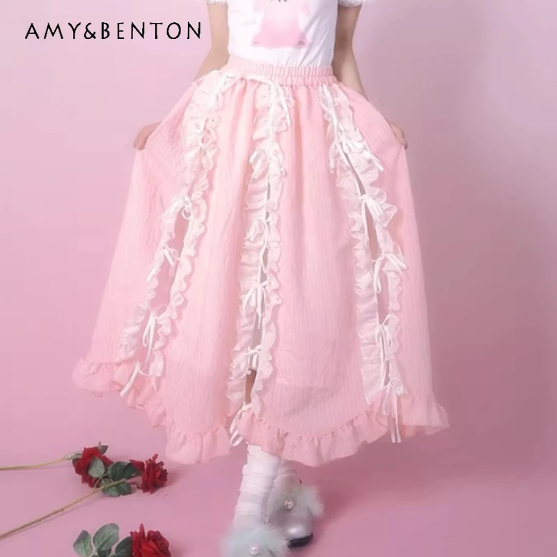 

Оригинальный дизайн, милое женское длинное платье с кружевными вставками и бретельками, весна-лето 2026, новинка, нежное розовое платье Y2K с бантом и юбкой-лепестком для женщин