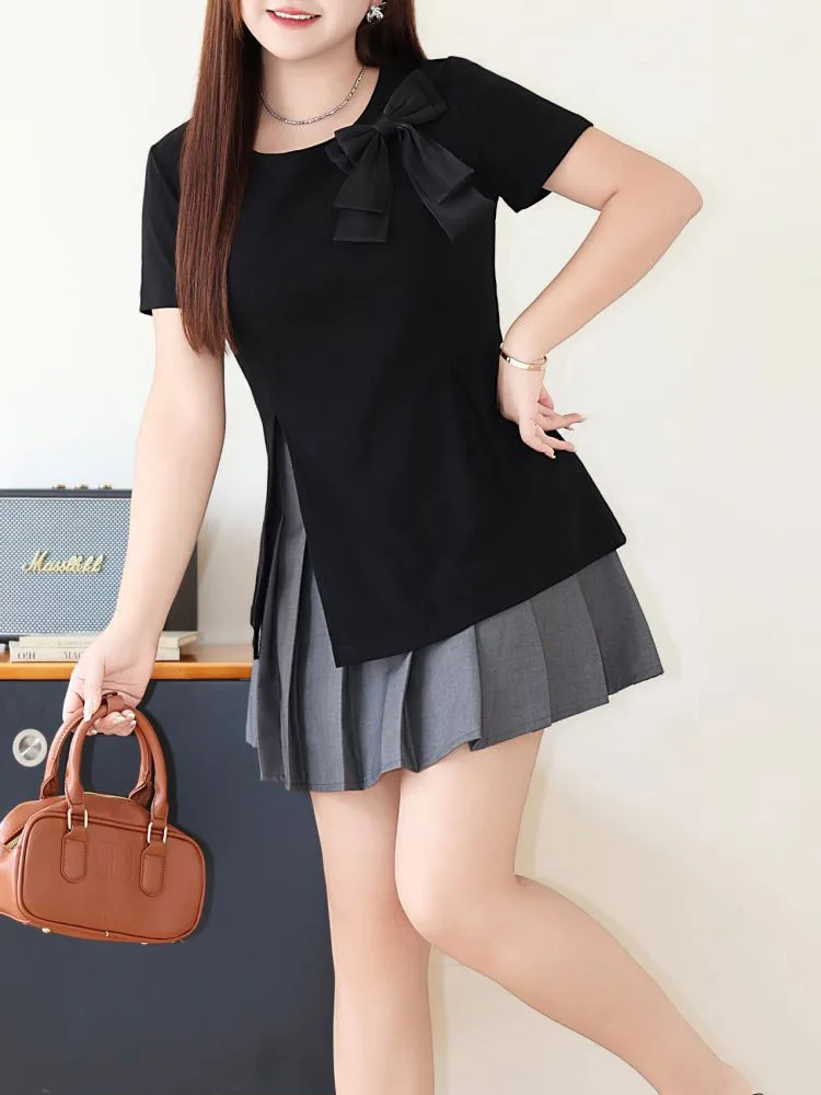 

Plus Size Women's Set Summer 2024 Good Quality Spice Girl Slit Bow Cute Black Short Sleeve T-shirt Pleated Mini Skirt Two Pieces