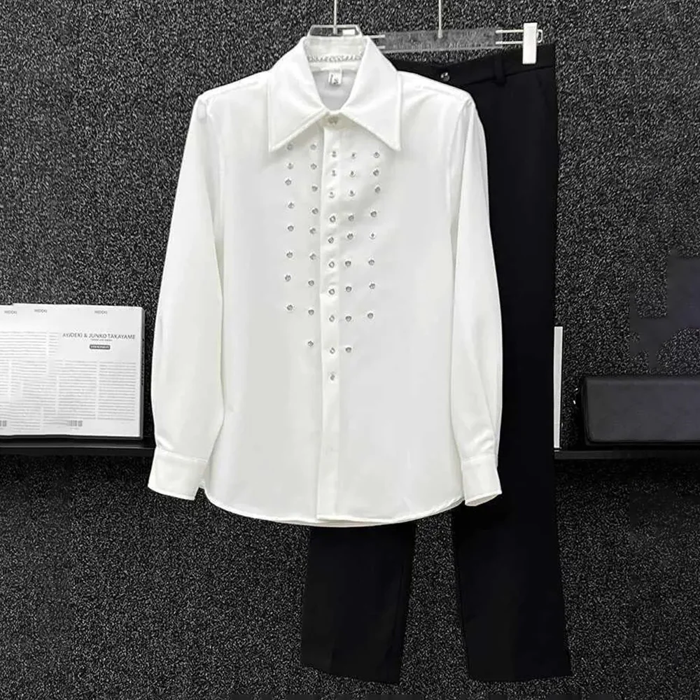 Mens Shirt Metal Round Hole Design Casual Shirt Autumn Fashion Streetwear Personality All-Match Long-Sleeve Top Men'S Clothing