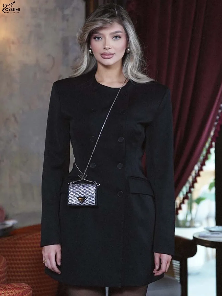 

Oymimi Elegant Black O-Neck Woman Blouses Fashion Long Sleeve Double Breasted Blouses Casual New Pockets Slim Shirts Streetwear