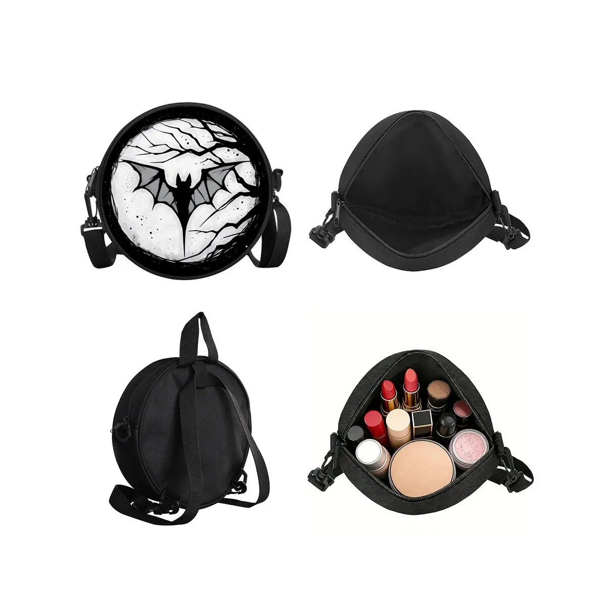 Runde Umhängetasche mit Fledermaus-Print, lässige Messenger-Tasche für Damen, beste Geschenke, 2D flache, lässige Alltags-Umhängetasche – Detail 3