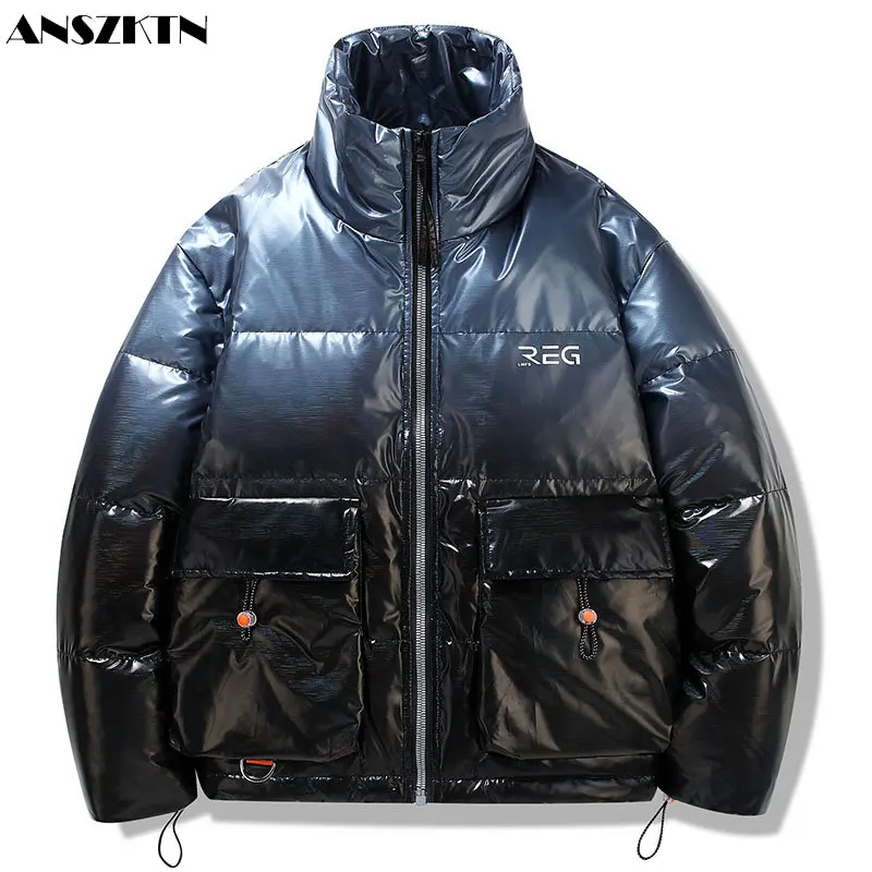 ANSZKTN Men new thickened gradient color warm winter trend shiny surface hooded down coat men\'s PU down jacket