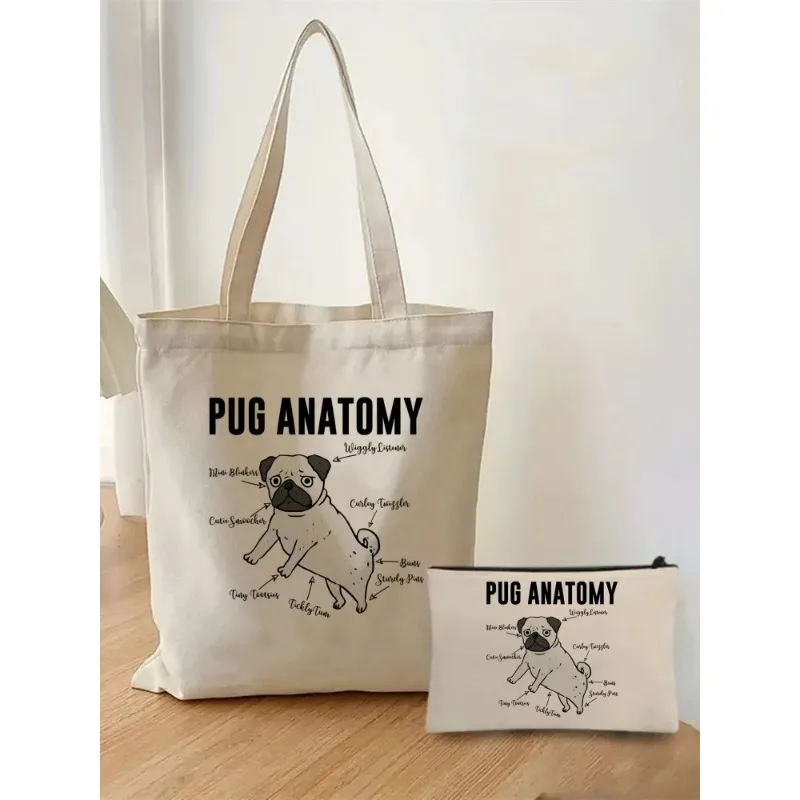 2pcs/set Pug Life Pug Anatomy Handbag Cosmetic Organizer Fashion Casual Shoulder Bag Eco Women\'s Shopping Bag Schoolbag