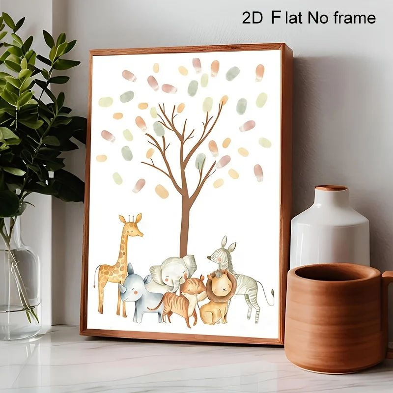 1pc, 2D Flat, Multi-Size Frameless Canvas Art, Wildlife Fingerprint Tree Guestbook: Jungle Shower Souvenir Fun Creative Canva