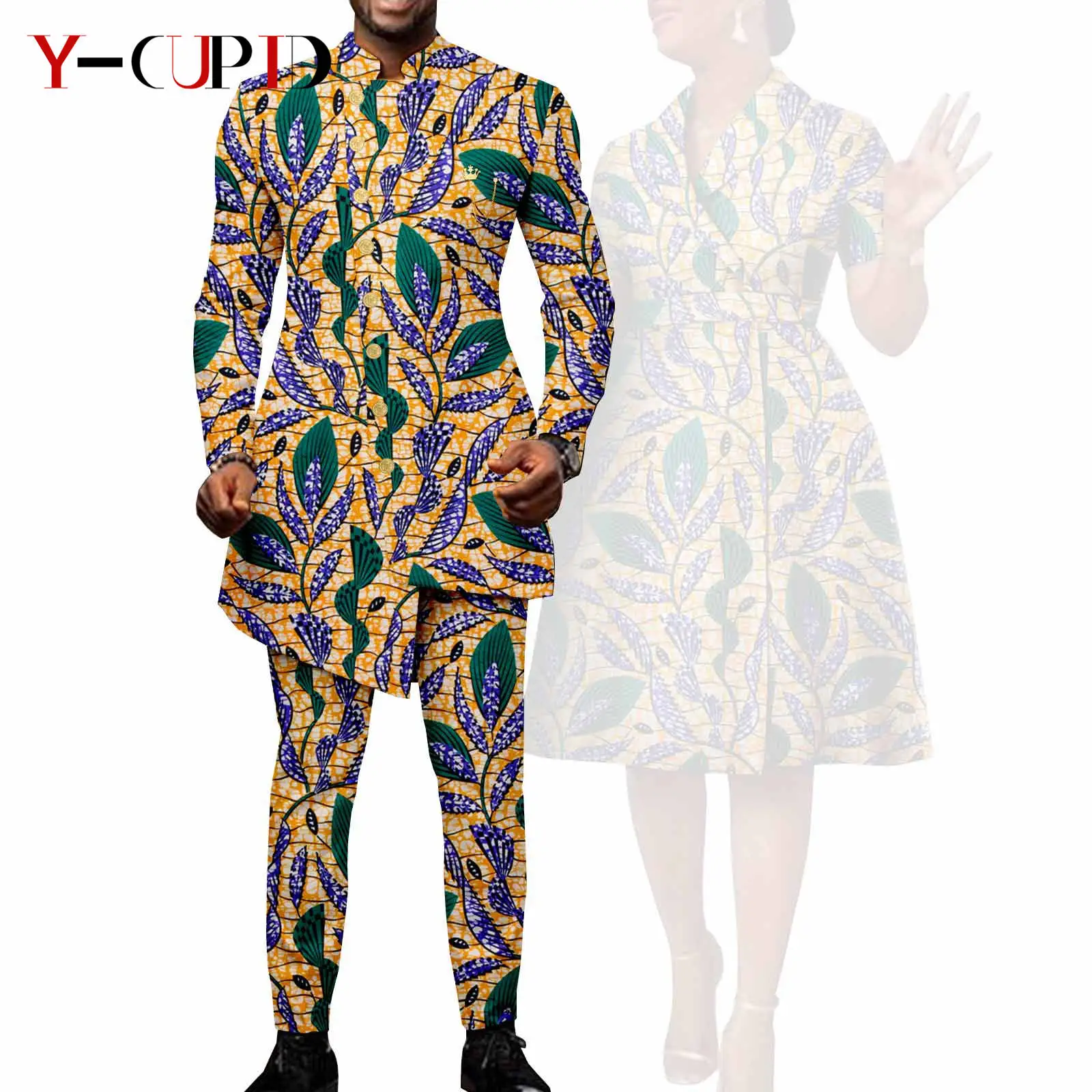 African Suits for Men Single Breasted Fit Jackets Matching Couple Outfits Bazin Riche Dashiki Print Dresses Trench Coats Y23C007