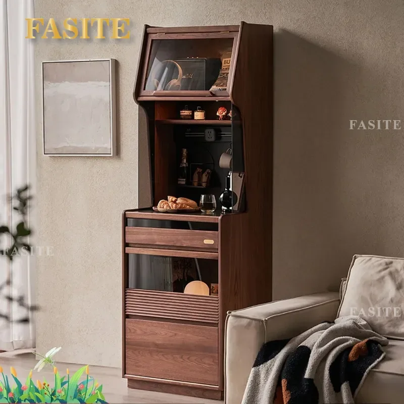 Solid Wood Dining Side Cabinet Sofa Side Table Wine Storage Cabinet Black Walnut Wall Mounted High Cabinet for Small