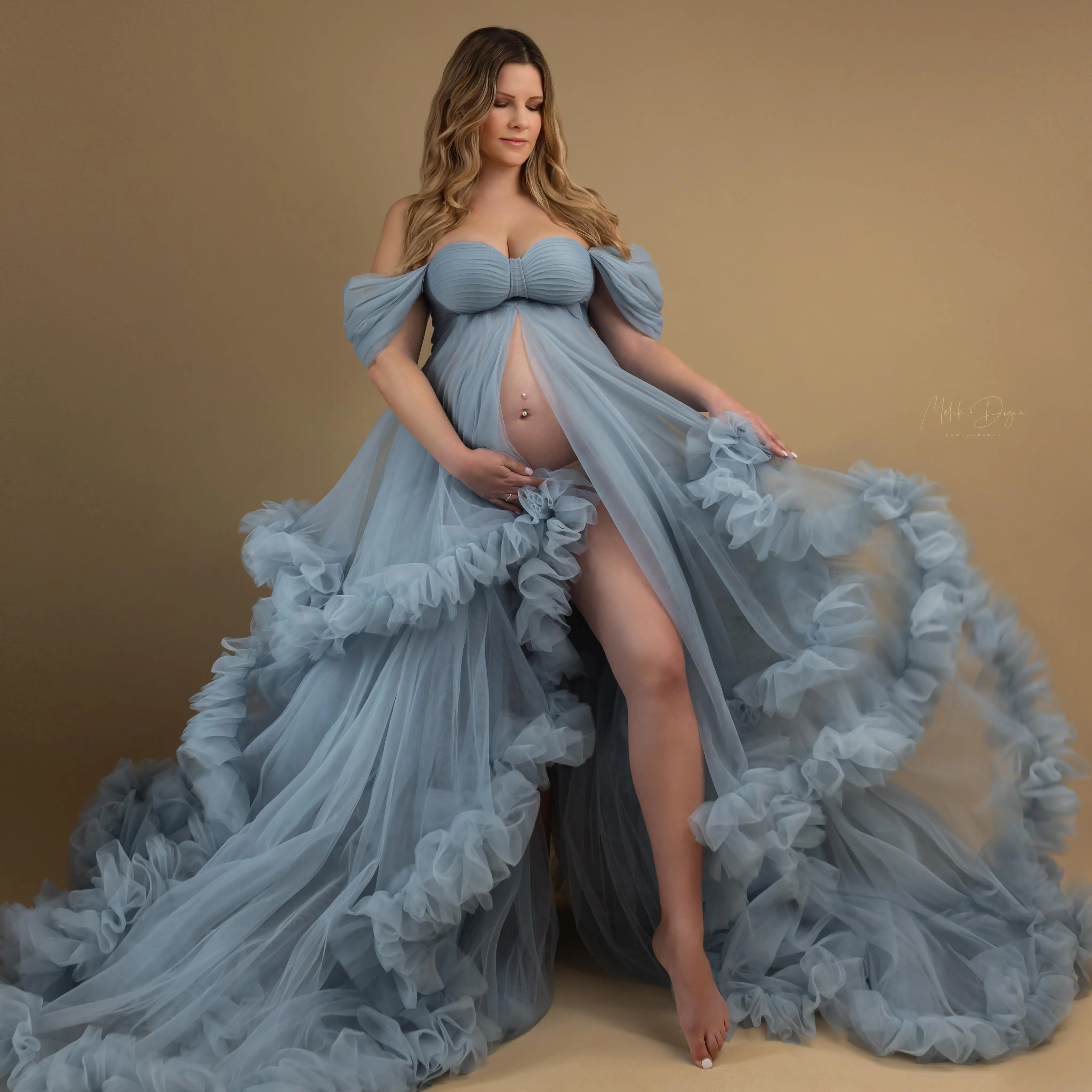 Elegant Dusty Blue Maternity Dress for Women Tiered Tulle Off The Shoulder Robe De Fiesta Pregnancy Ruffled Photography Props