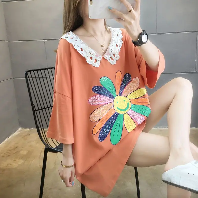 2024 New Summer Youth Sweet Academy Style Lace Flip Collar Personalized Print Loose Oversized Casual Short Sleeve Large T-shirt