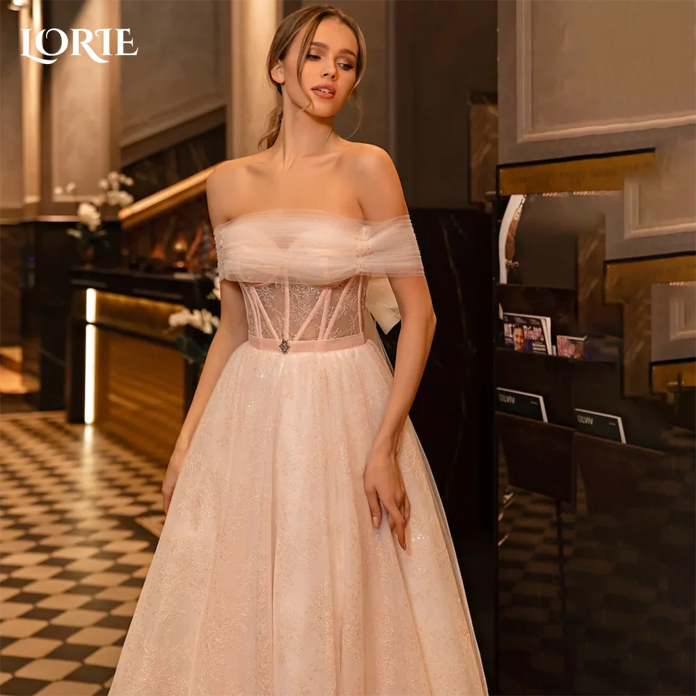 

LORIE Elegant Lace Wedding Dresses Light pink Off Shoulder Illsion Luxury Bridal Gowns Brush Train Customized Bride Dresses