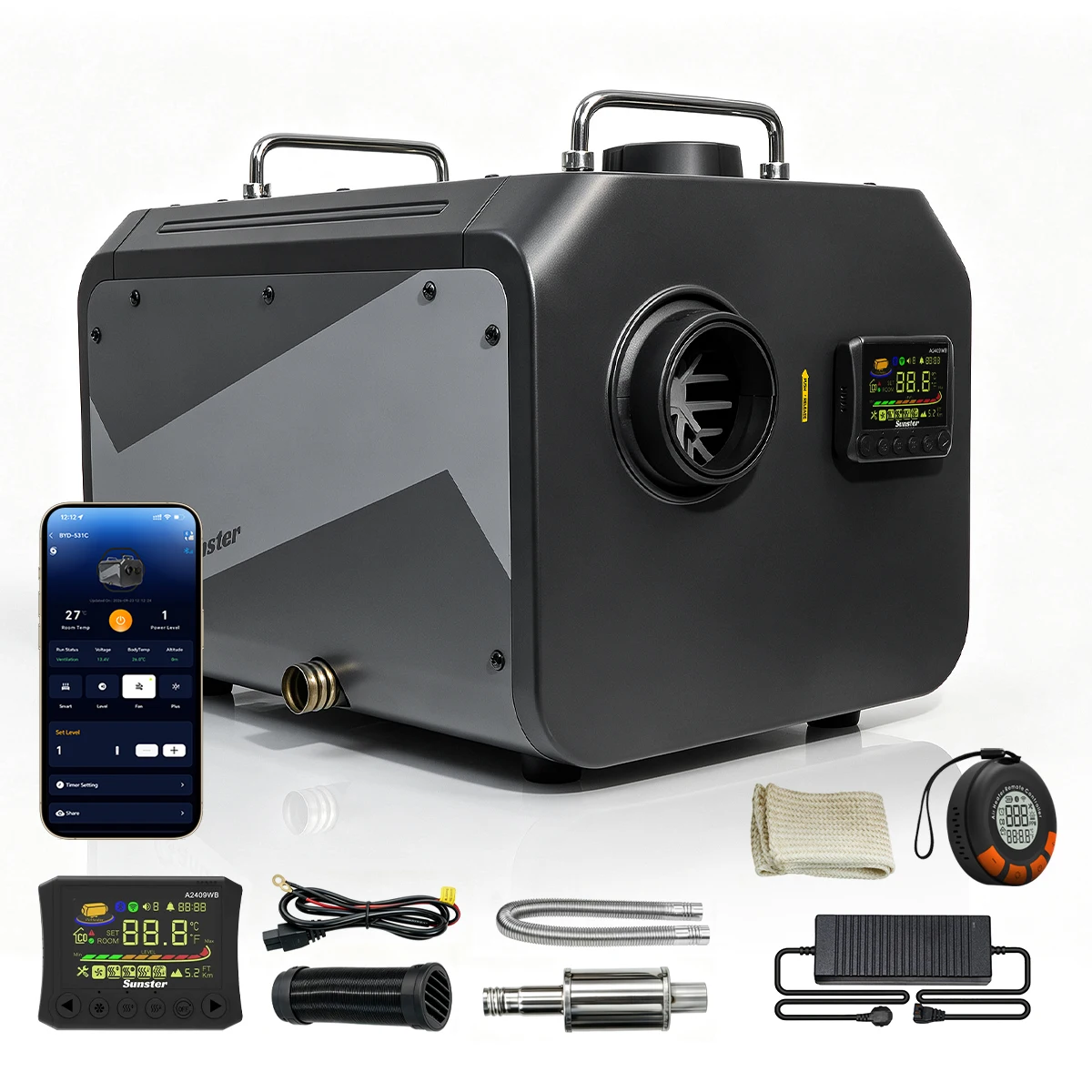 TP RO 9KW Diesel Air Heater WiFi & Bluetooth App Control 12V/24V DC & 110-240V AC Wireless Remote with CO Monitor 5500m Altitude