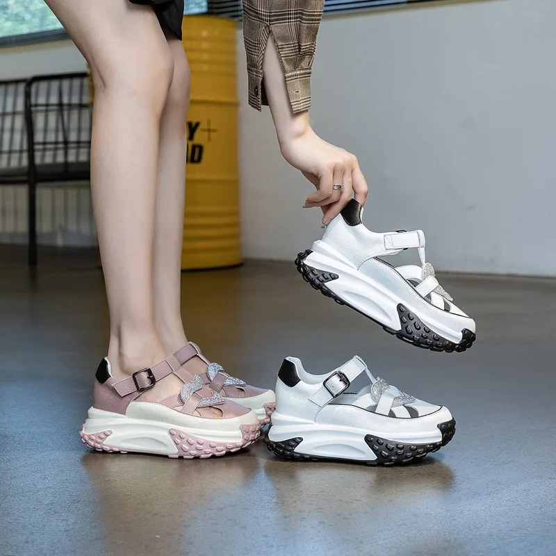

2026 6.5cm Genuine Leather Summer Slides Breathable Fashion Platform Wedge Round Toe Sandals Rhinestone Women White Ladies Shoe
