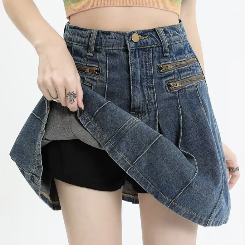 

Large Size Denim Skirt Shorts Women Spring Summer Pleated Sexy Mini Skirts Korean Fashion High Waist A-Line Jean Female Clothing