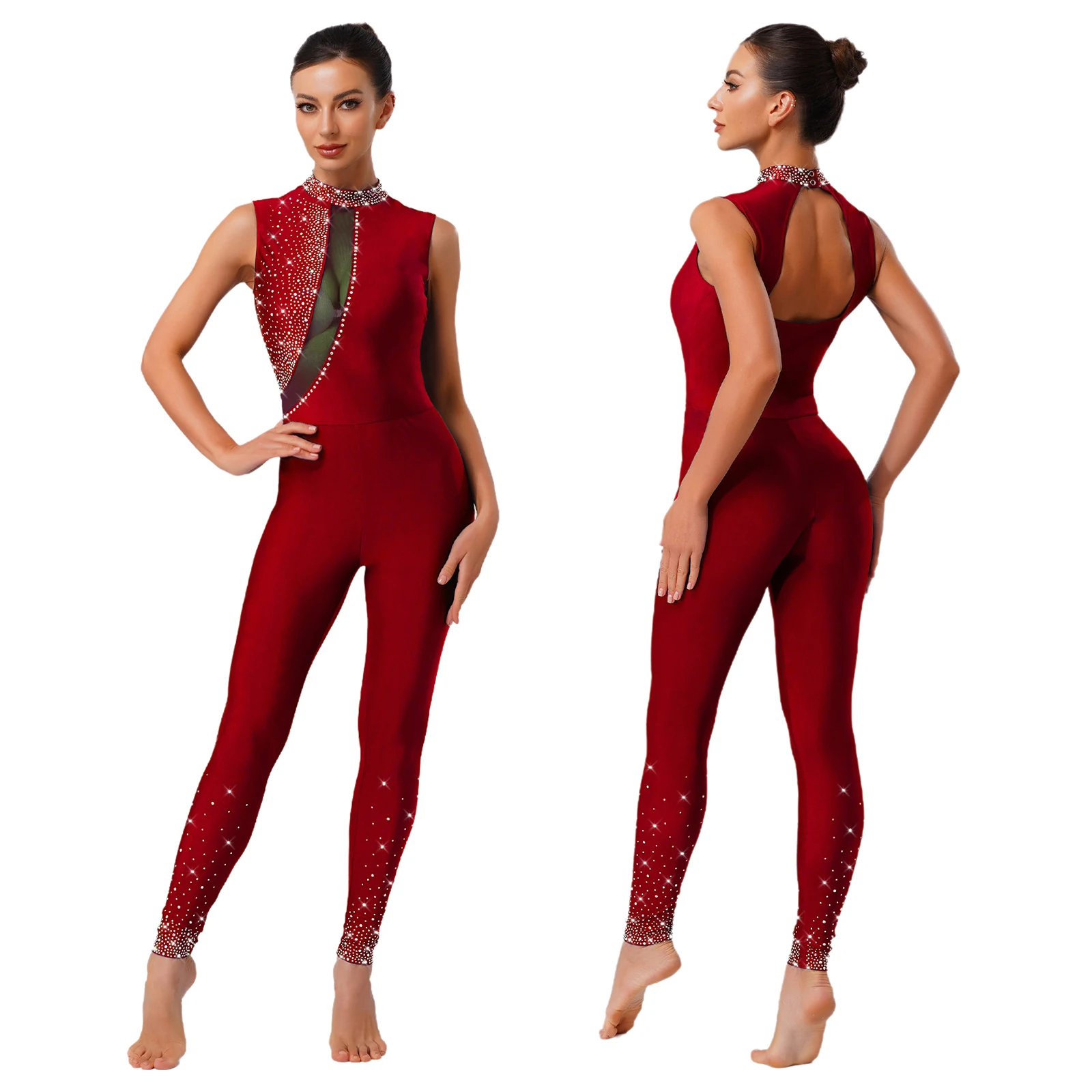 

Women Figure Skating Leotard Mock Neck Sheer Mesh Patchwork Sleeveless Cutout Back Dance Bodysuit Gymnastics Rhythmic Costume