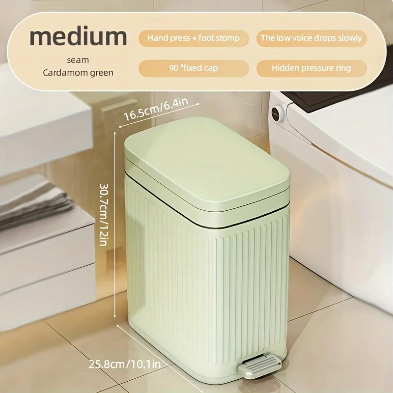 7L Deluxe Press-To-Open Bathroom Trash Can with Lid - Space-Saving, Stylish, and Durable Plastic Waste Bin with Odor