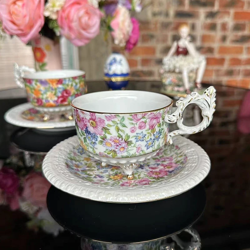 European mini ceramic coffee cup with gold accented flower Italian espresso cup