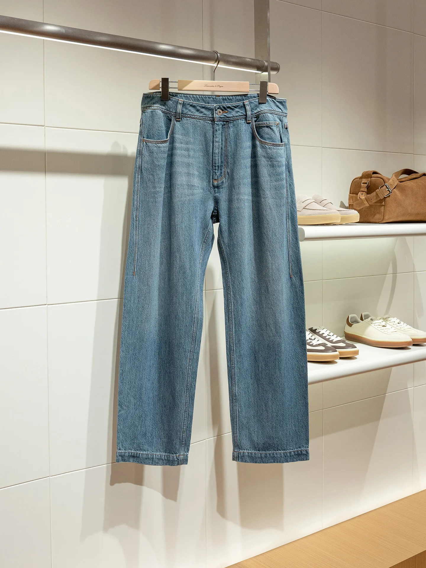 Distressed Vintage washed 8.9 oz  linen cotton men's loose straight denim jeans