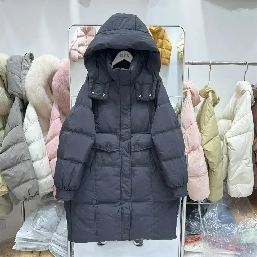 Casual Fashion Office Lady White Duck Down Jacket Women 2024 New Long Hooded Thickened Loose Straight Warm Down Coat