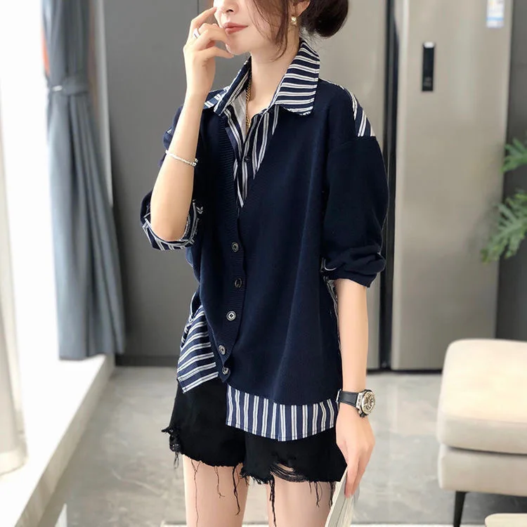 

Stripe Patchwork Women Knitted Shirt Oversized Irregular Fake Two Pieces Blouse Fashion Spring Autumn Clothing