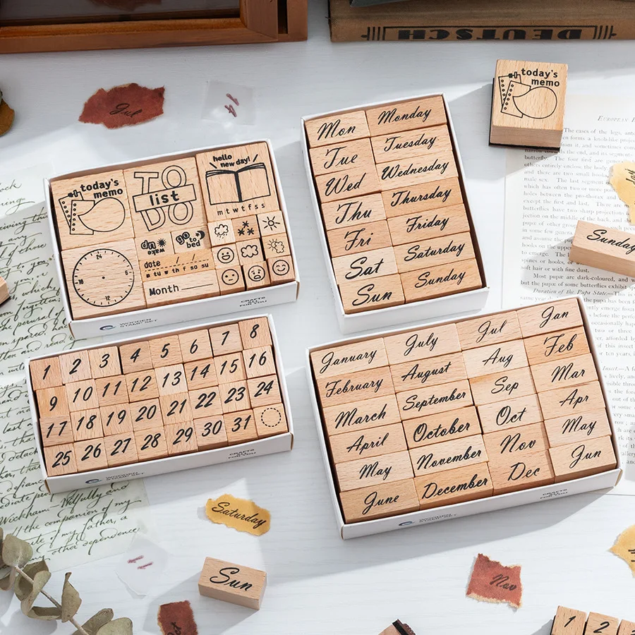 Wooden Stamp Box Week Month Digital Ledger Stamp Cross-border Date Planned Time Stamp Multiple Styles To Choose From