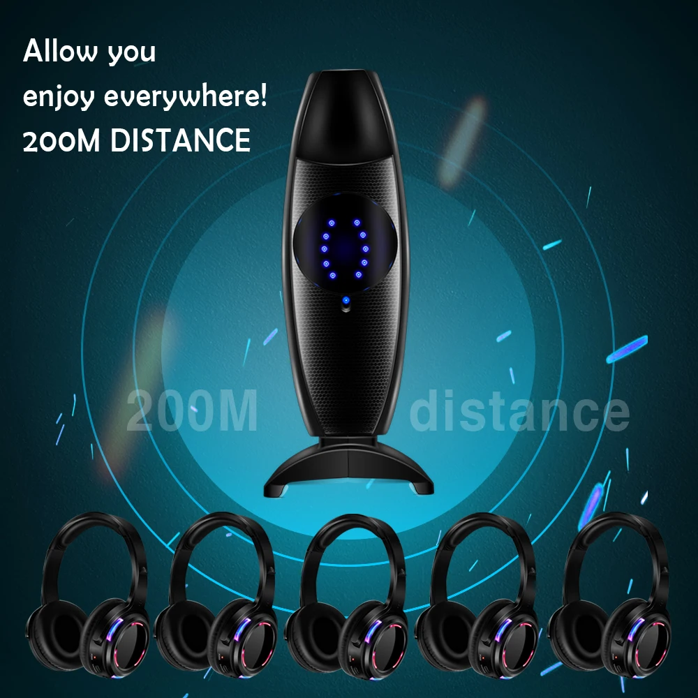 Cichy system dyskotekowy Bezprzewodowy zestaw słuchawkowy LED Lekkie słuchawki Cichy zestaw imprez klubowych (5 słuchawek + 2 nadajniki)
