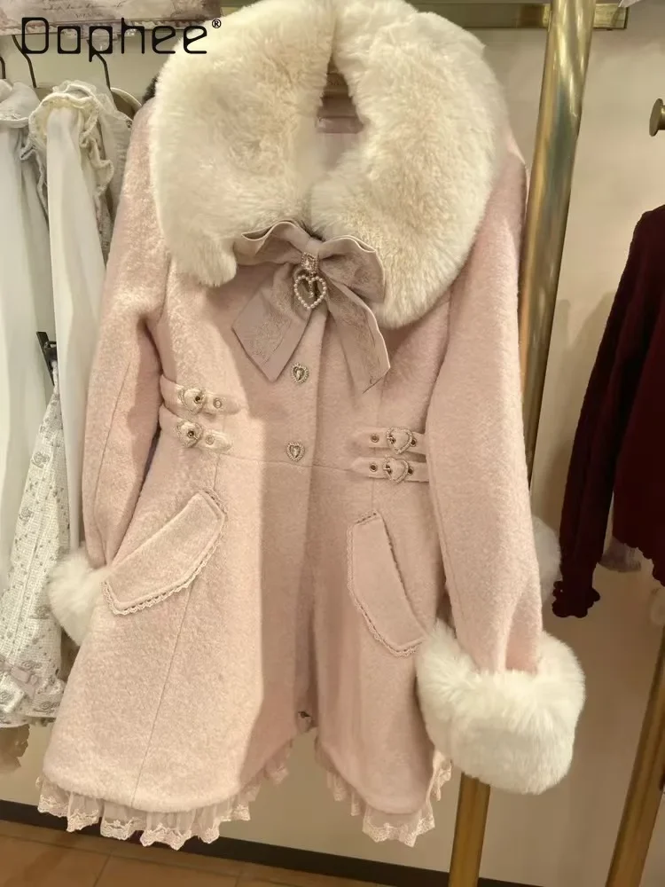 

Japanese Sweet Bow Wool Coat Lace Heart Button Long Sleeve Jackets Women Fur Collar Mid Length A Line Coats Lolita Outwear