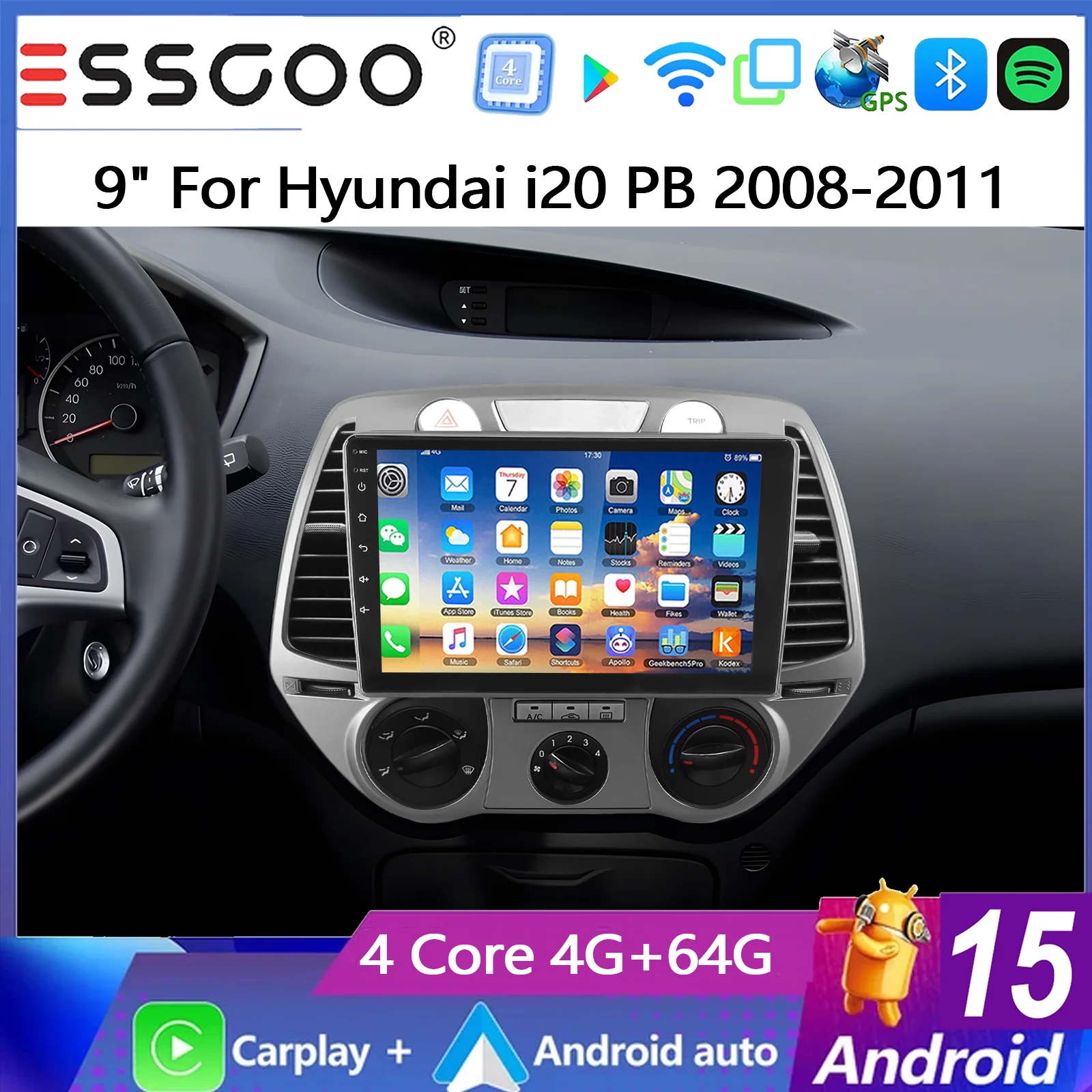 ESSGOO 9" Android 15 4+64G Autoradio für Hyundai i20 PB 2008-2012 GPS-Navigation Wireless Carplay Android Auto FM Bluetooth RDS SWC Wifi ASP Mirror Link IPS Touchscreen Multimedia-Videoplayer