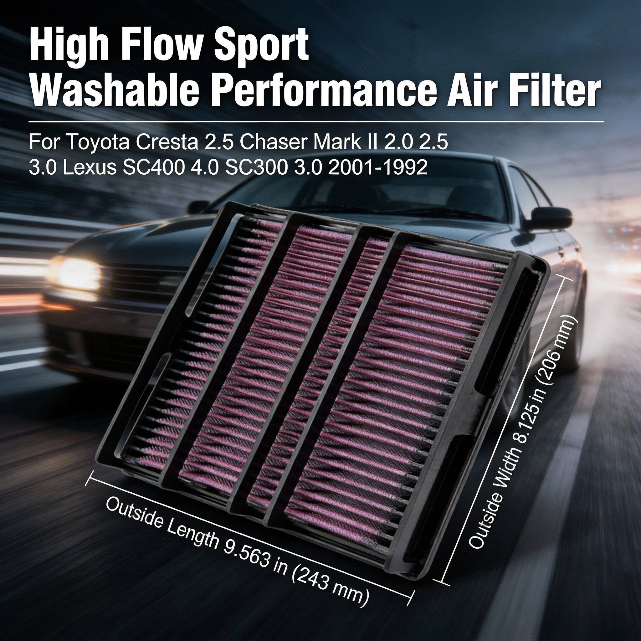 For Toyota Cresta 2.5 Chaser Mark II 2.0 2.5 3.0 Lexus SC400 4.0 SC300 3.0 2001-1992 High Flow Sport Washable Air Filter 33-2054
