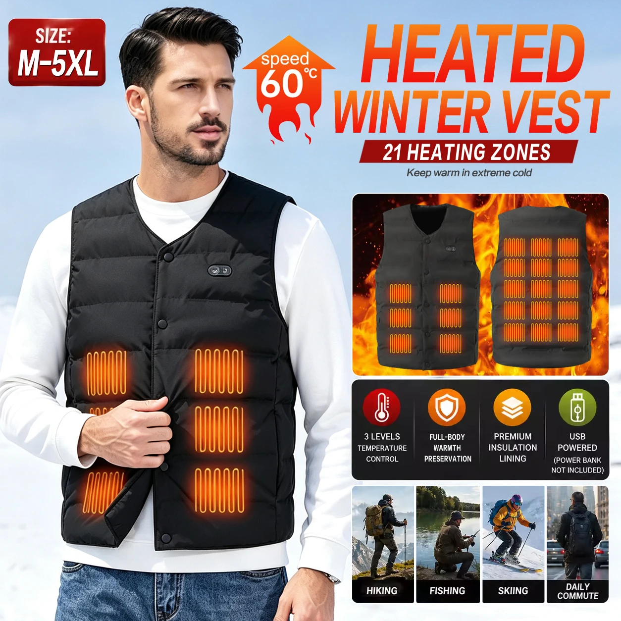 Unisex V-Neck Button Heated Vest 21 Heating Zones USB Electric Heating Waistcoat 3 Temperature Control Windproof Thermal Sleevel