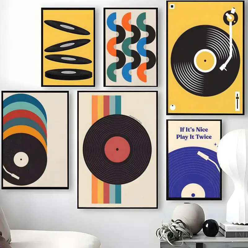Vintage Vinyl Record Pattern Poster Waterproof Self-Stick Wall Art Stickers, Removable Wall Decor for Living Room and Bedroom