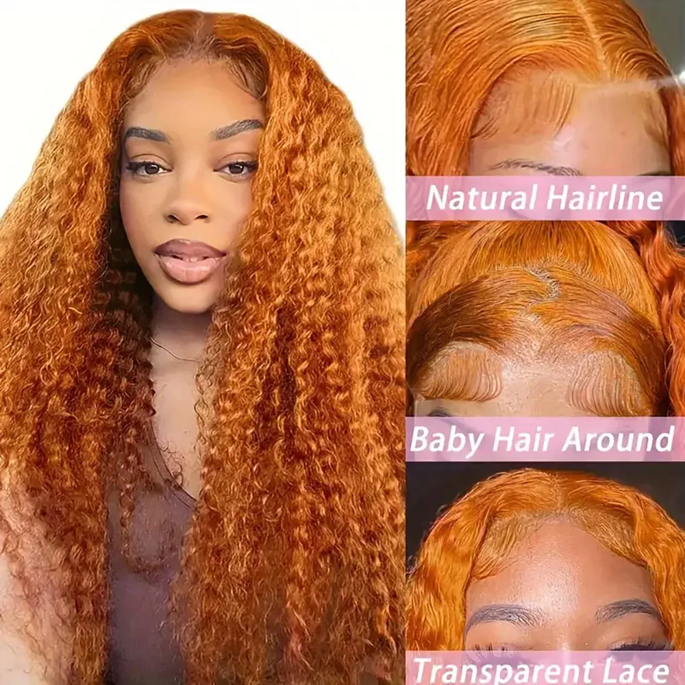 Peruki z głębokimi falami w kolorze imbiru dla kobiet, peruki typu 13x6 z koronką, ludzkie włosy o gęstości 200%, wstępnie wyskubane.