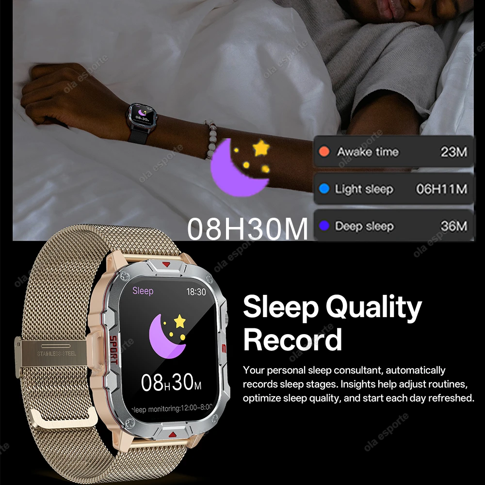 남자 스마트 시계 블루투스 통화 수면 심박수 건강 모니터 야외 LED 손전등 안드로이드 IOS에 대한 방수 스포츠 시계