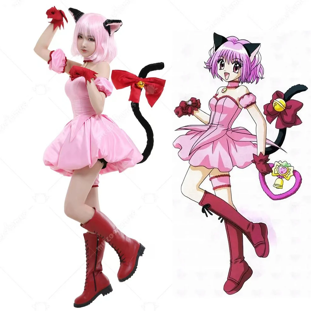 

Anime Tokyo Mew Mew New Momomiya Ichigo Cosplay Costume Pink Dress Gloves Ears Tail Halloween Party Cat Uniform for Girls Women