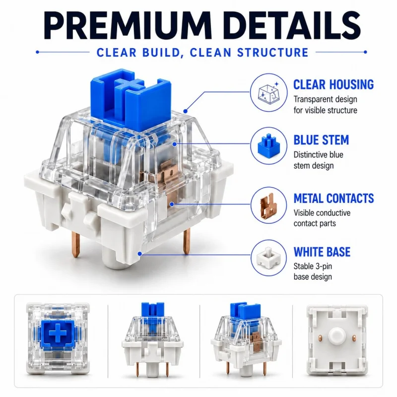 60PCS Blue Mechanical Keyboard Switches Clickers for 3D Prints 3 Pin Clicky Replacement Tactile Switche with Switch Puller Brush