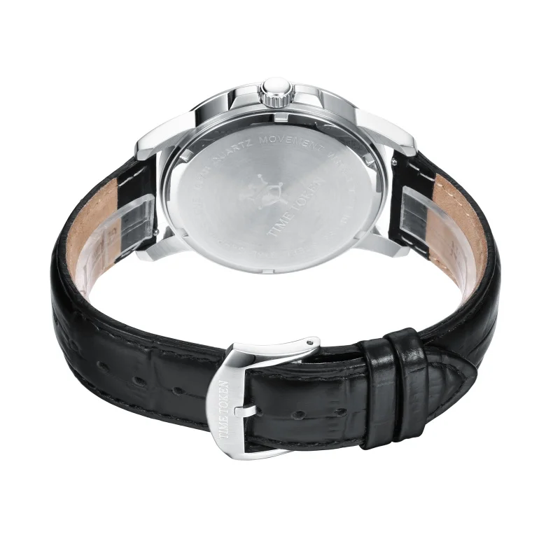 Time token relógio de luxo masculino clássico elegante movimento quartzo vidro safira caixa aço inoxidável elegância couro stra