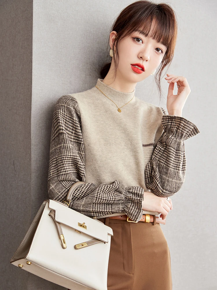 Women Retro Knitted Sweater Korean Fashion Versatile Round Neck Sweater Autumn/Winter Splicing Design Long Sleeved Tops