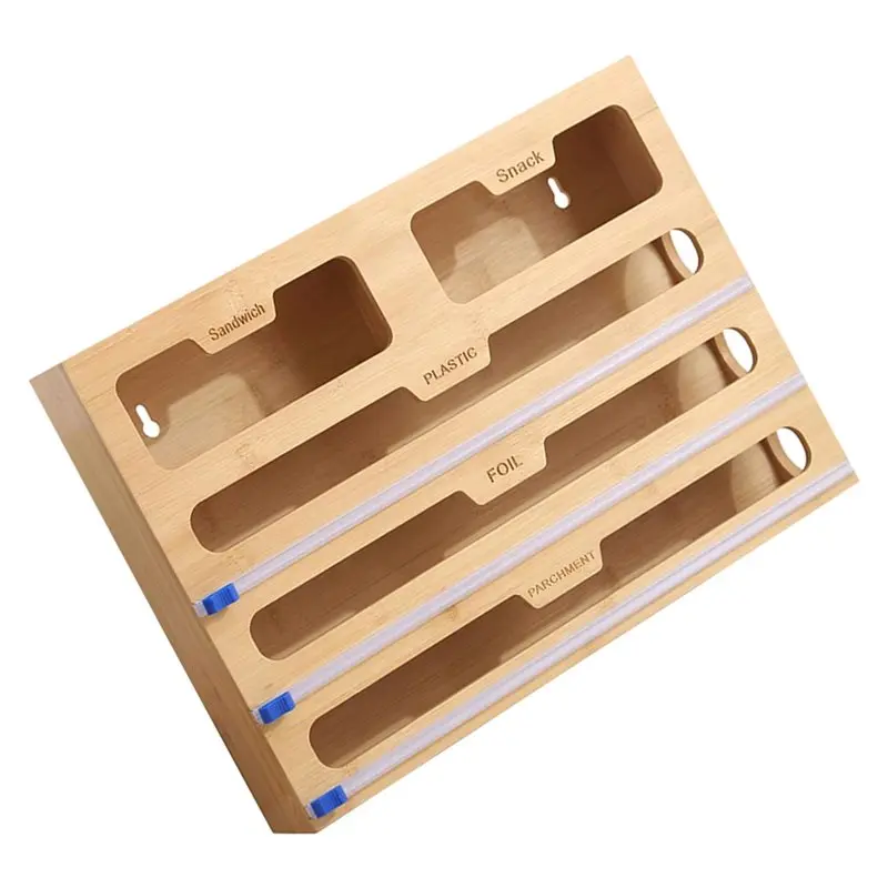 

ABMS-Кухонный органайзер для запечатывания пищевой пленки с бамбуковым дизайном, настенное крепление и съемная вешалка для полотенец, бамбуковый резак в комплекте