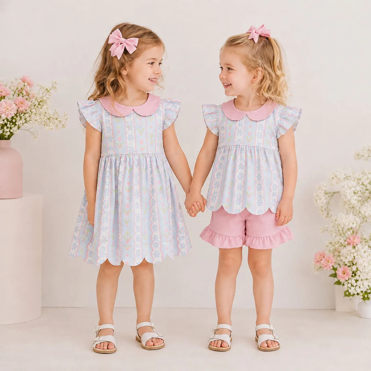 Toddler Sibling Baby Girls Flowers Stripe Tunic Tops Ruffle Shorts Scallop Clothes Set Collar Dress Children 2Pcs Sets Wholesale