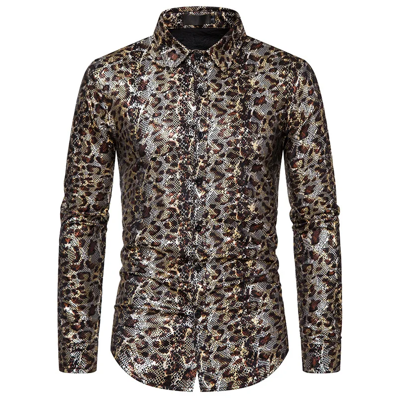 Mens Leopard Bronzing Dress Shirts 2024 Brand New 70s Disco Dance Shirt Men Nightclub Party Stage Singer Prom Shirt Men Clothing