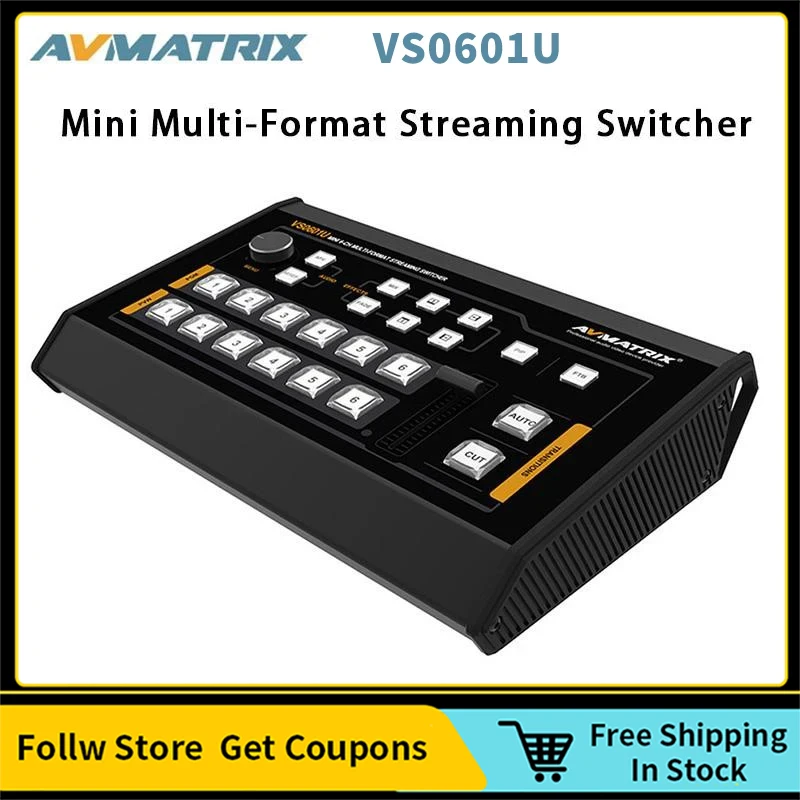 

AVMATRIX VS0601U Mini Multi-Format Streaming Video Switcher with 6CH 2×HDMI 4×SDI Inputs USB Type-C Output and GPIO Interface