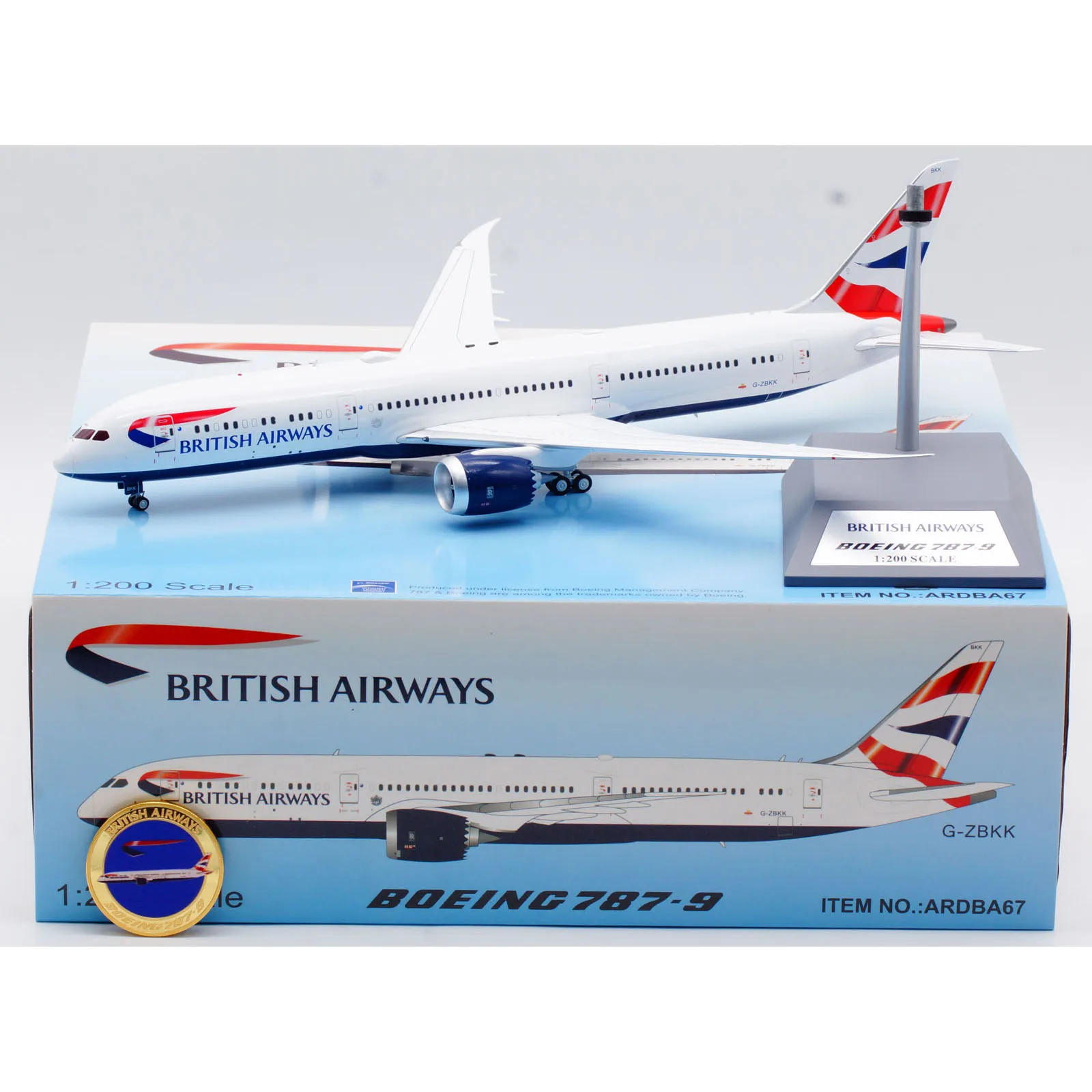 ARDBA67 Alloy Collectible Plane Gift ARD 1:200 BRITISH AIRWAYS Boeing B787-9 Diecast Aircraft Jet Model G-ZBKK & Coin