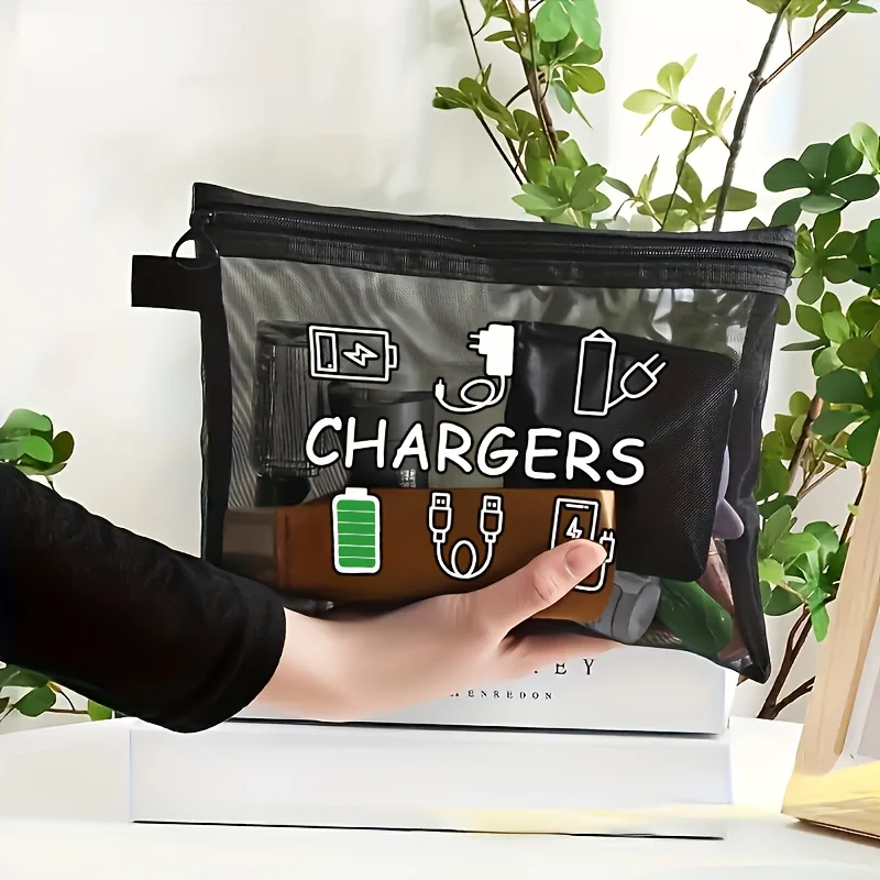 Charger Print Mesh Makeup Bag Travel Cable Storage Pouch Electronics Accessories Unisex Nylon Zipper Organizer for Toiletries